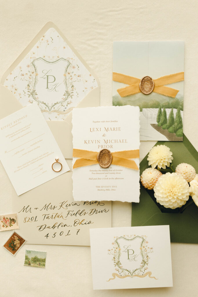 green and gold whimsical wedding stationary